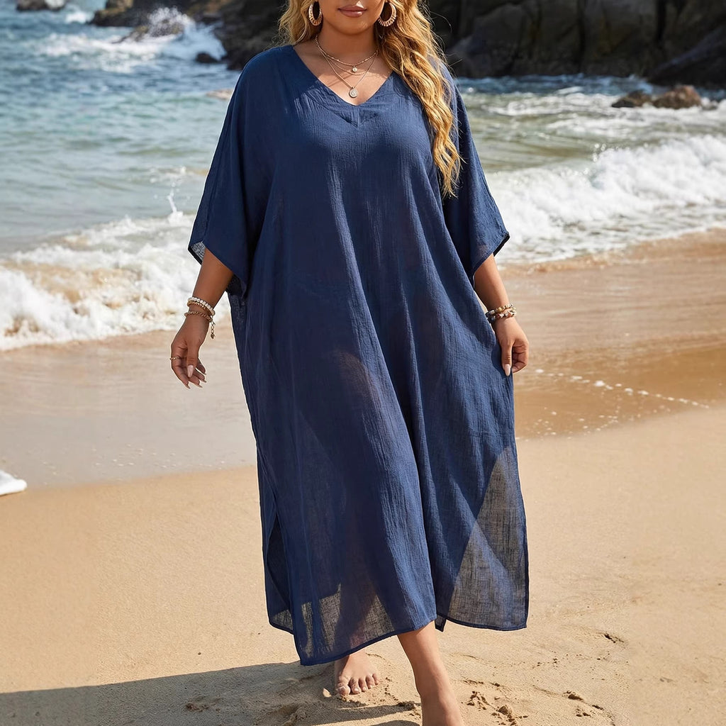 Women’s summer beach cover-up dress by Plush Fashion Hub featuring a V-neck, loose fit, casual style, and side splits.