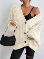 Bella Mia women's V-neck retro knit sweater with lantern sleeves, loose fit, twist design, perfect as cozy outerwear.