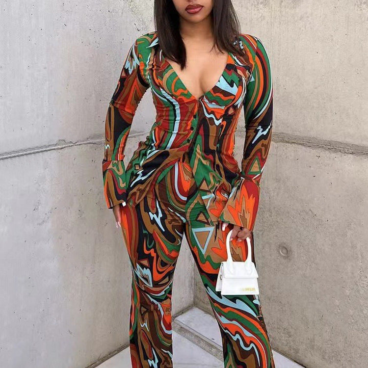 Plush Fashion Hub women's fall deep V plunge two-piece suit with printed shirt and wide-leg pants, casual and stylish.