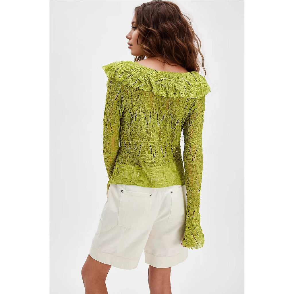 Lace V-neck long sleeve knitted shirt with ruffles, women's autumn top from Plush Fashion Hub featuring a stylish short cardigan design.