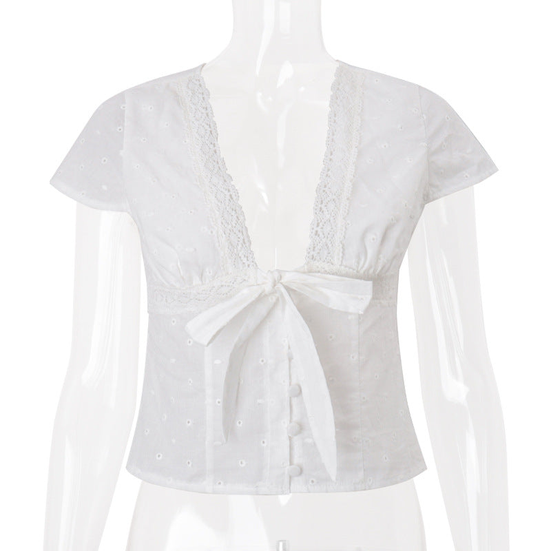 Women’s summer V-neck bow bandage short sleeve T-shirt top by Bella Mia, featuring a sexy, fitted design and stylish details.