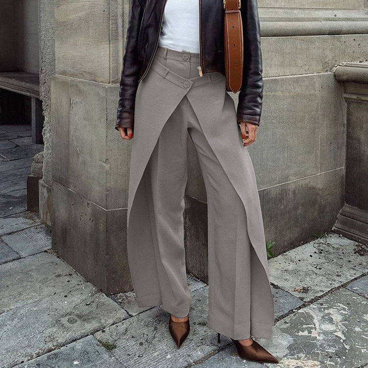 Bella Mia high waist women's trousers with irregular asymmetrical design, wide leg, casual spring fashion, jewelry rings.