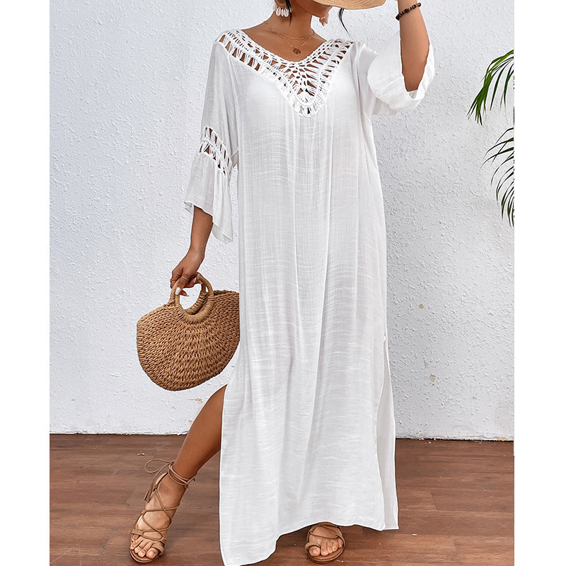 Colorful crocheted women's beach skirt by Bella Mia, featuring hollow cutouts, backless design, and loose fit for a stylish summer look.