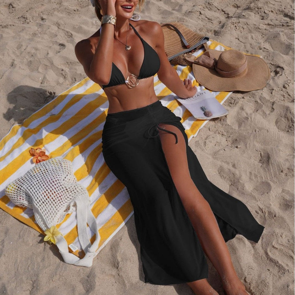 Solid color beach sun protection tulle skirt bottoms from Plush Fashion Hub, part of a three-piece bikini swimsuit set.