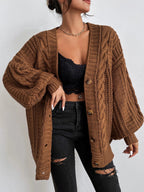 Bella Mia women's V-neck sweater with retro loose fit, twist lantern sleeves, knitted cardigan outerwear, cozy and stylish.