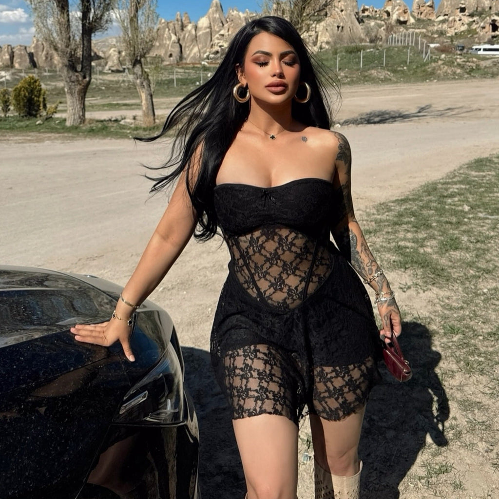 Sexy lace stitching summer women’s slim fit see-through tube dress by Bella Mia, featuring a stylish and breathable design.