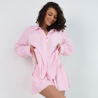 Pink Bella Mia loose home wear cardigan with long sleeves and shorts, perfect for casual autumn pajamas.