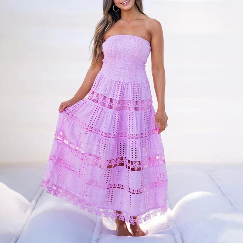 Plush Fashion Hub casual maxi dress for women featuring embroidery, hollow-out cutouts, and a tube top design for spring.