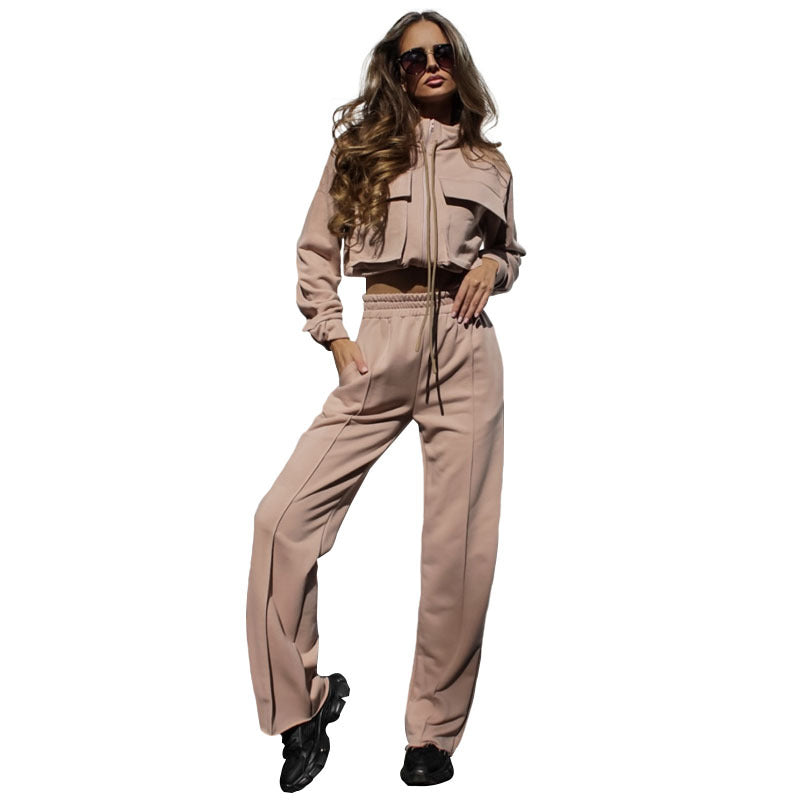 Autumn Winter Solid Color Zipper Double Bag Drawstring Long Sleeve Top Casual Trousers Suit Women Bella Mia