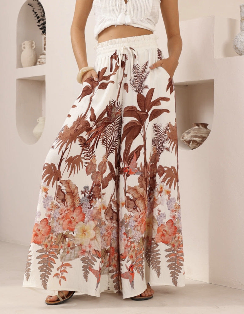 Casual plush fashion hub wide leg pants with green leaf print, loose fit, summer casual pants for women.