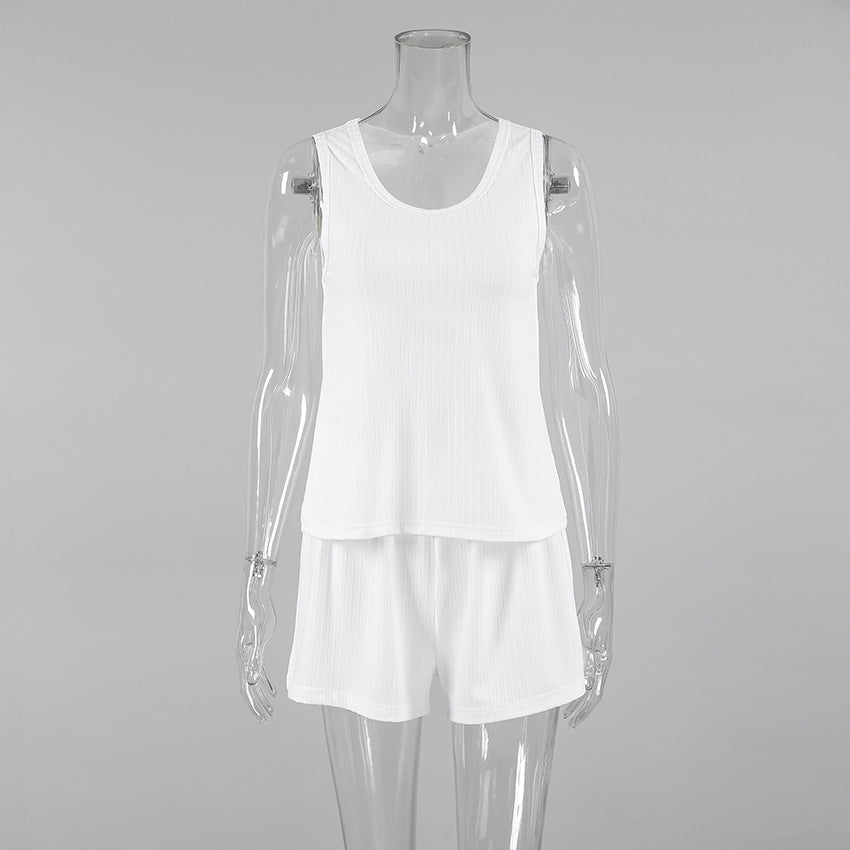 Bella Mia spring knitted sunken stripe ladies homewear vest and shorts two-piece set, casual soft and simple pajama outfit.