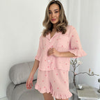 Bella Mia women's summer pajama bottoms with crepe cotton heart print, short sleeves, and matching shorts for comfortable home wear.