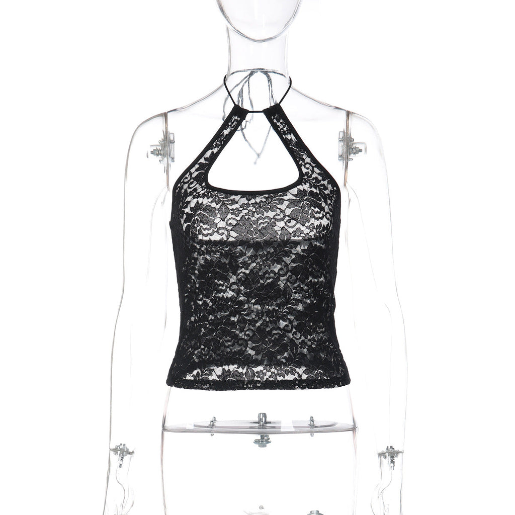 Bella Mia summer lace halter backless vest top for women, stylish all-match sleeveless top with intricate lace details.