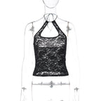 Bella Mia summer lace halter backless vest top for women, stylish all-match sleeveless top with intricate lace details.