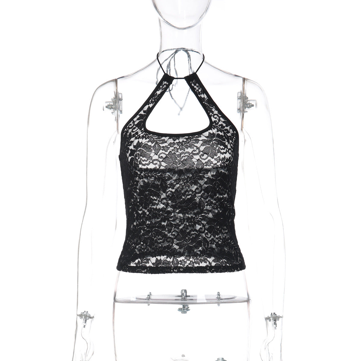 Bella Mia summer lace halter backless vest top for women, stylish all-match sleeveless top with intricate lace details.