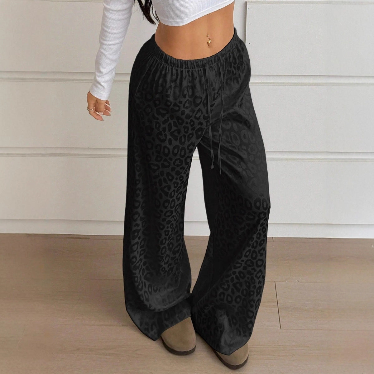 Women Clothing Autumn Satin Casual Pants Drawstring Leopard Print Mop Wide Leg Pants Long Pants Bella Mia