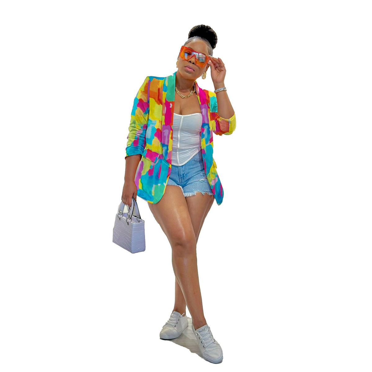 Casual color printed blazer top from Plush Fashion Hub, stylish blazer with vibrant print, suitable for casual or smart occasions.