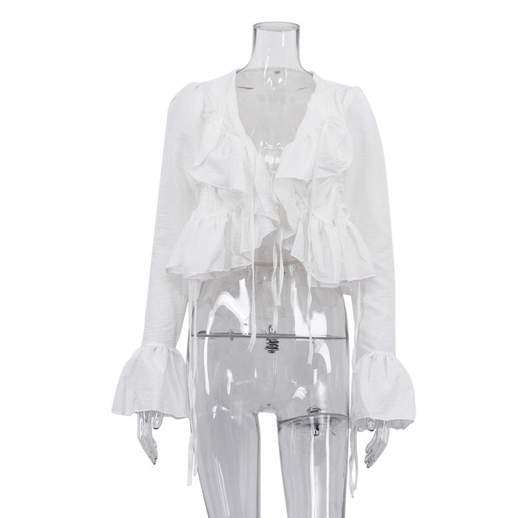 Bella Mia women's spring ruffled flare sleeve tie neck top, stylish matching shirt with feminine ruffle details and tie closure.