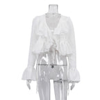 Bella Mia women's spring ruffled flare sleeve tie neck top, stylish matching shirt with feminine ruffle details and tie closure.