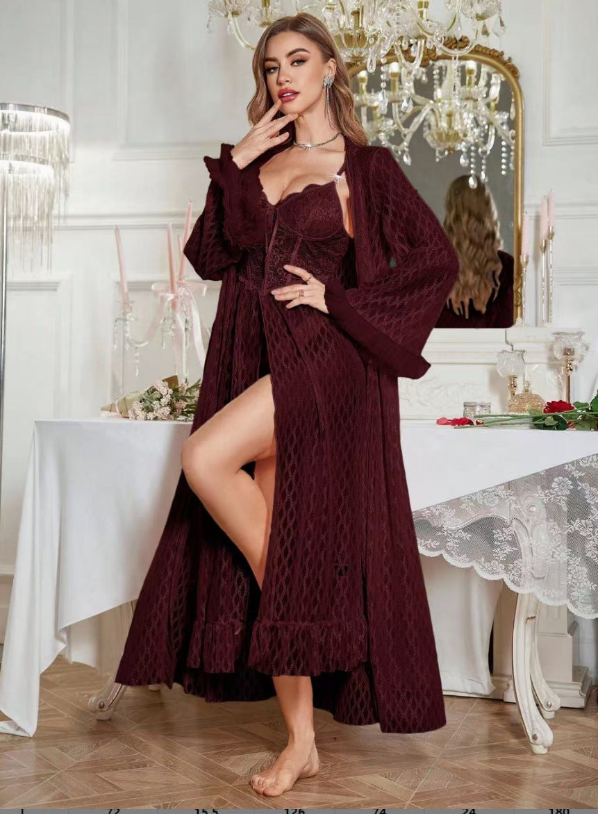 Plush Fashion Hub sexy lace slip nightdress with slit, casual lingerie maxi dress, featuring a robe style and elegant design.