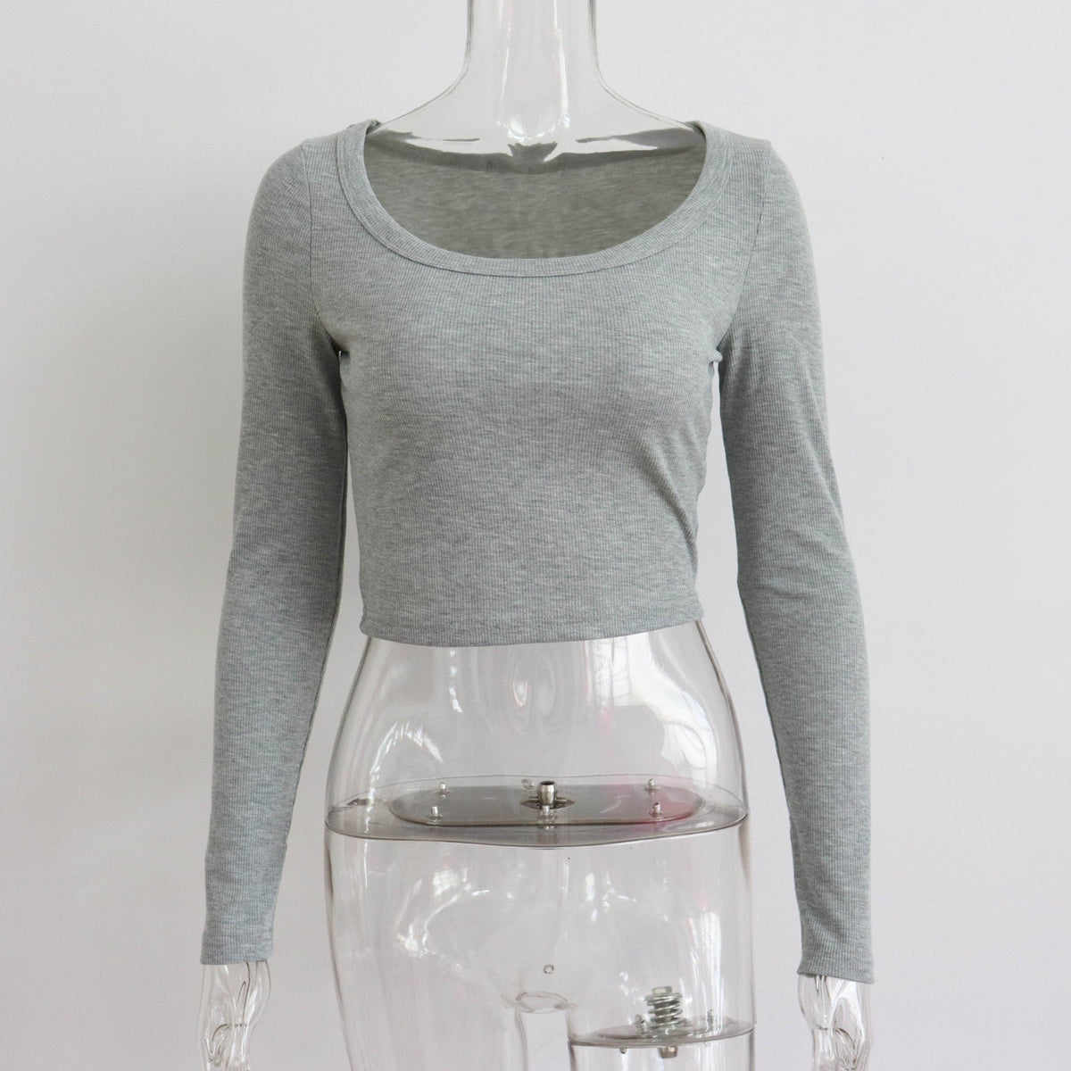 Plush Fashion Hub women's large round neck long sleeve ribbed short top, casual and slim-fit for autumn and winter wear.