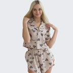 Colorful heart-print short sleeve cardigan from Bella Mia, perfect for casual home wear and comfortable summer pajamas.