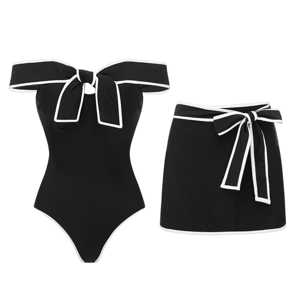 Black and white matching swimsuit bottoms with a bow detail, featuring a white skirt, designed for women by Plush Fashion Hub.
