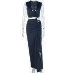 Women’s Bella Mia sleeveless solid color dress with oblique V-neck, off-shoulder design, irregular hem, and asymmetric slit.