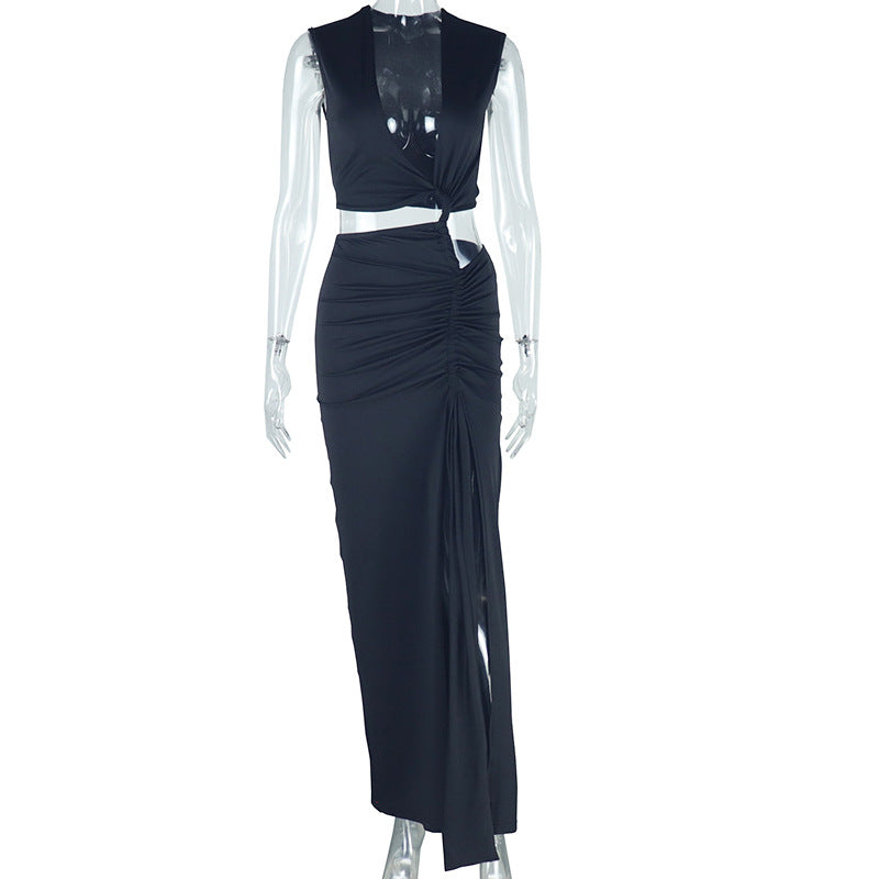 Women’s Bella Mia sleeveless solid color dress with oblique V-neck, off-shoulder design, irregular hem, and asymmetric slit.