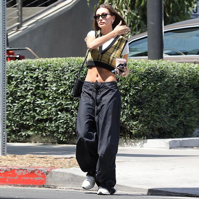 Blue loose woven wide-leg sports pants for women, casual summer streetwear by Plush Fashion Hub, shown on a model.
