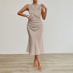 Women’s sexy satin pleated midi dress by Bella Mia, perfect for summer, featuring a stylish and elegant design.