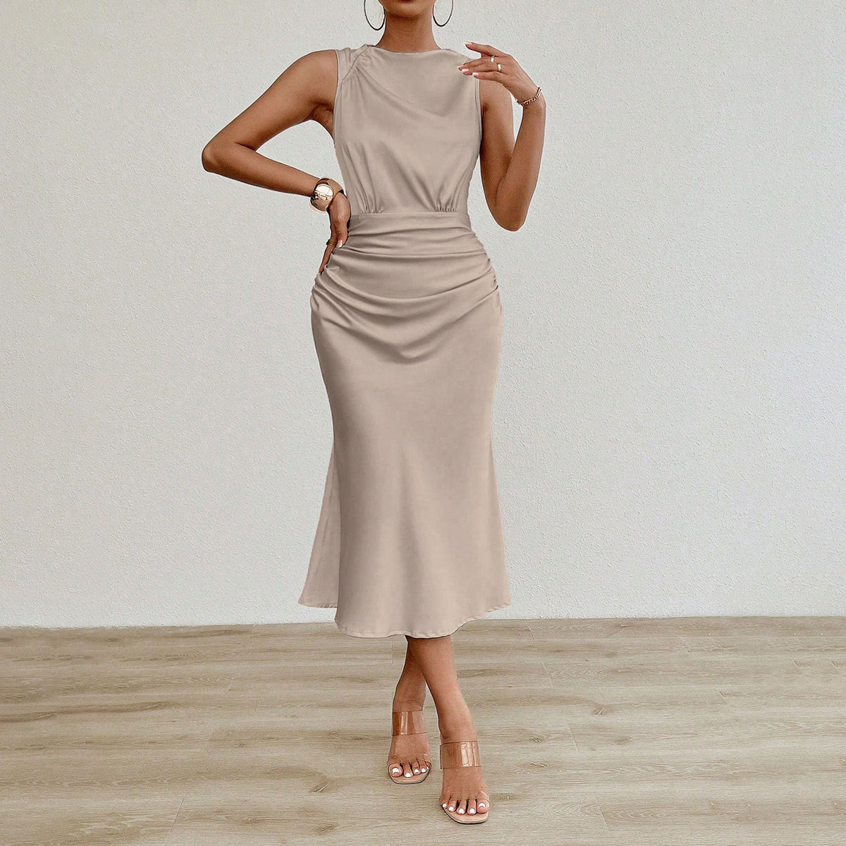 Women’s sexy satin pleated midi dress by Bella Mia, perfect for summer, featuring a stylish and elegant design.