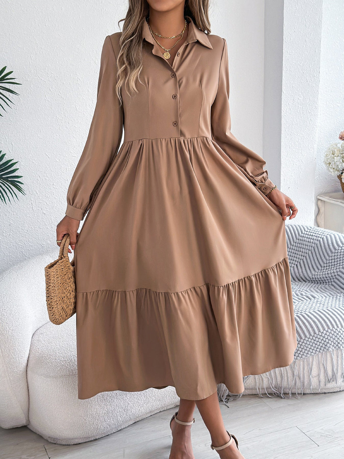Women’s autumn winter collared casual ruffled long sleeve shirt dress by Plush Fashion Hub, with a loose fit and stylish design.