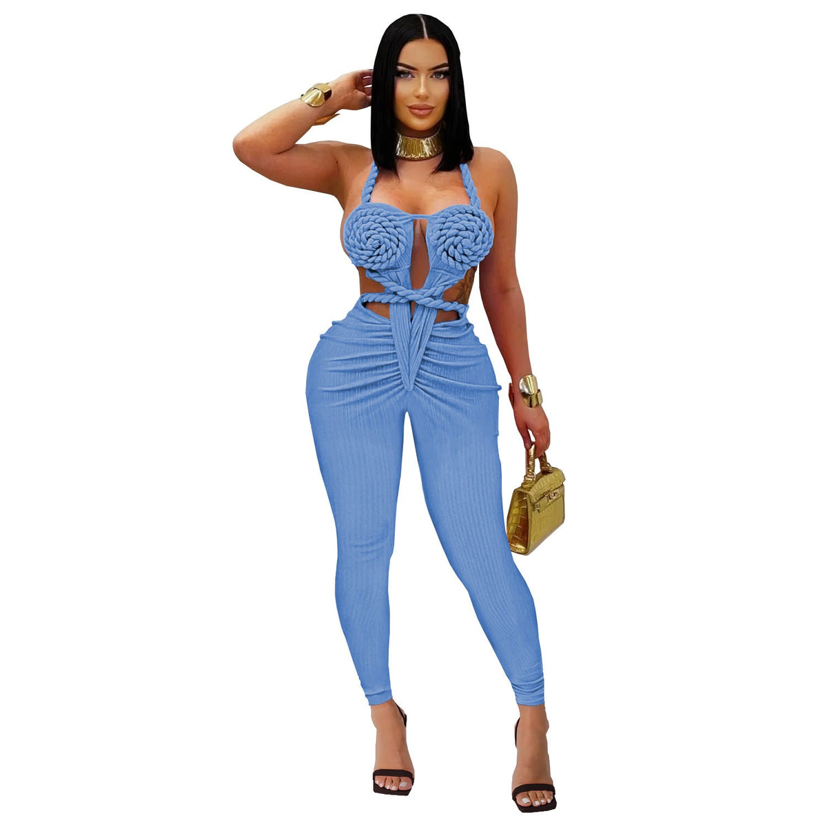 Women wearing a black halter backless solid color jumpsuit by Plush Fashion Hub, showcasing its casual and sexy style.