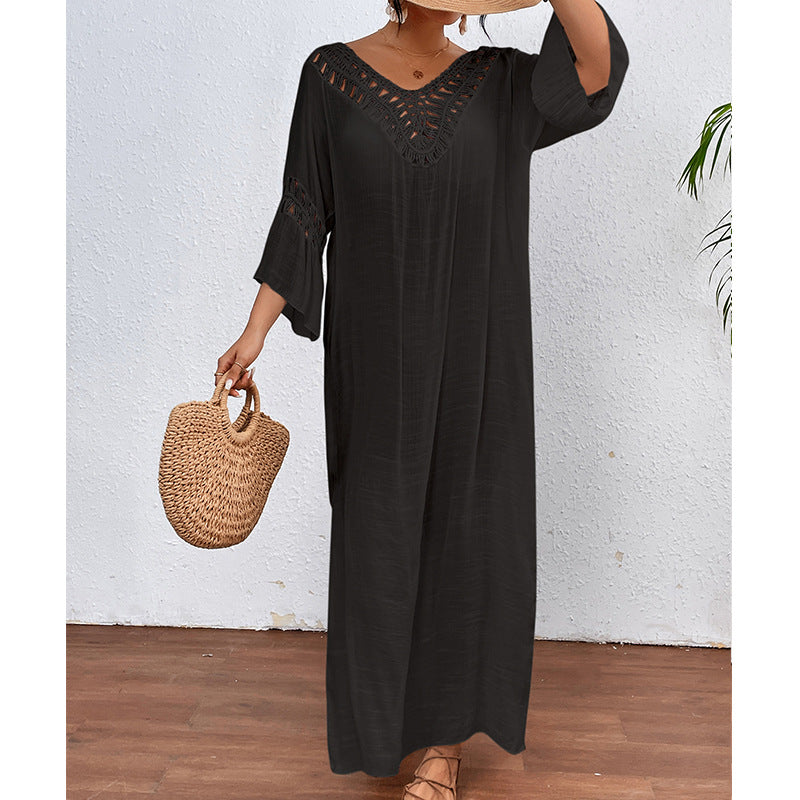 Colorful crochet women's beach long overskirt with cutout backless design, loose fit, stylish bottoms by Bella Mia.
