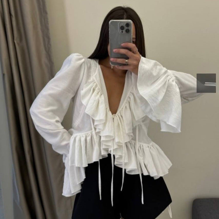 Women’s spring ruffled flare sleeve tie-neck top by Plush Fashion Hub, featuring a stylish matching shirt with feminine details.
