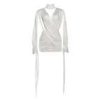 Bella Mia women's long sleeve deep V plunge dress with cutout, cross stitching, and hollow-out design in solid autumn winter color.