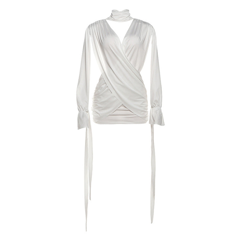 Bella Mia women's long sleeve deep V plunge dress with cutout, cross stitching, and hollow-out design in solid autumn winter color.