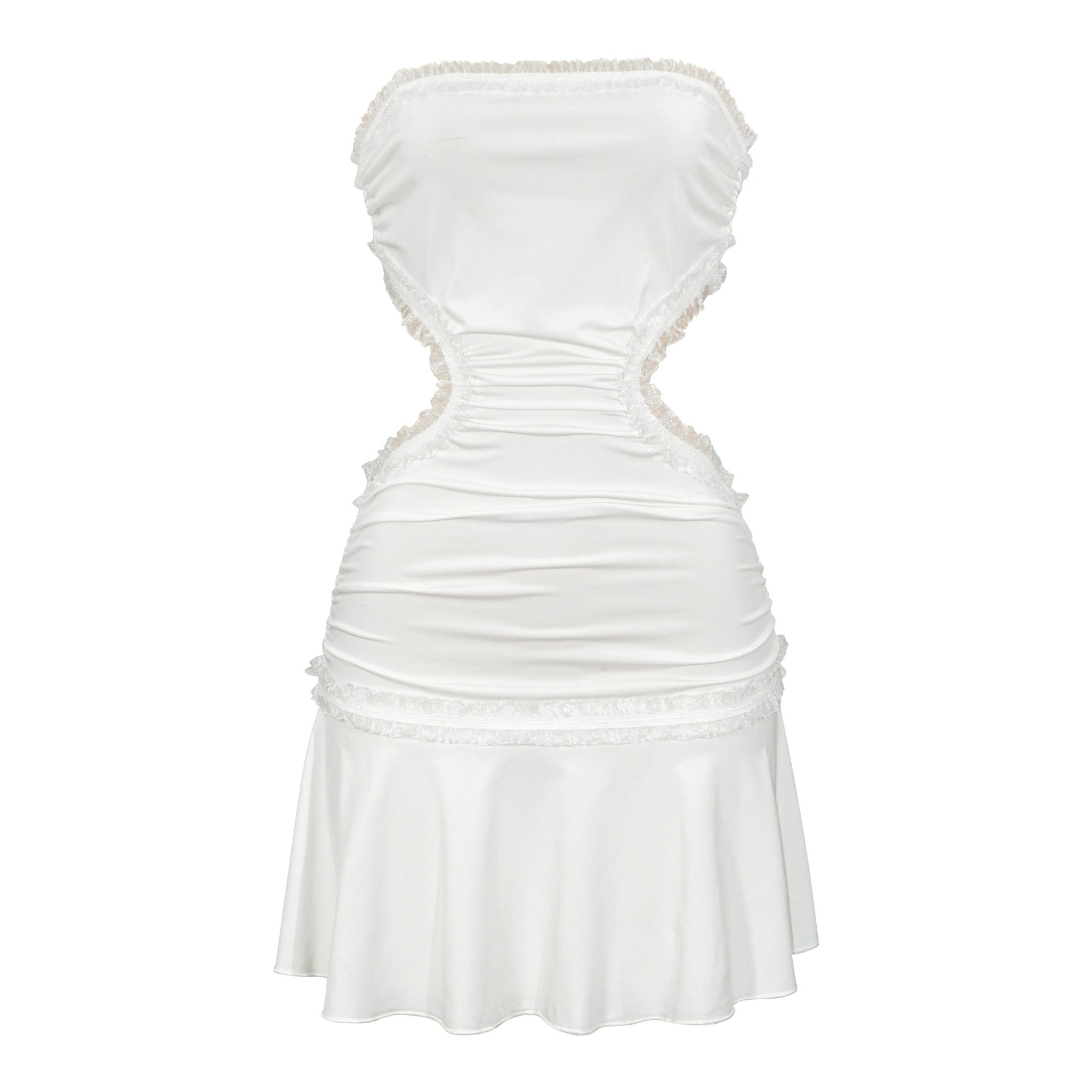 Bella Mia backless lace splicing sling short dress, sexy cropped outfit with a trendy design and lightweight fabric.