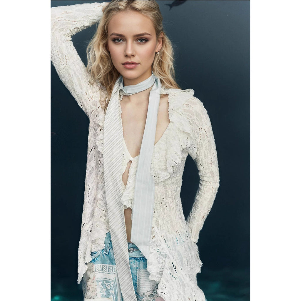 Lace V-neck women's long sleeve knitted shirt with ruffles, short style, in autumn fashion by Plush Fashion Hub.