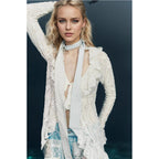 Lace V-neck long sleeve knitted shirt for women with ruffles, stylish autumn top from Plush Fashion Hub.