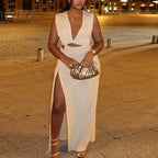 Women’s Bella Mia solid color dress with oblique V-neck, off-shoulder, sleeveless, and asymmetric slit design.