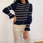 Bella Mia multi-color long-sleeve casual top with high collar and smocking detail, ideal for autumn and winter seasons.