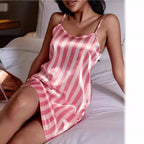 Women’s ice silk strap night dress by Bella Mia, backless, breathable printed suspender sleepwear, sexy and lightweight.