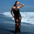 Bella Mia solid color halter beach cover-up dress with cutout design, perfect for bikini or swimwear styling at the beach.
