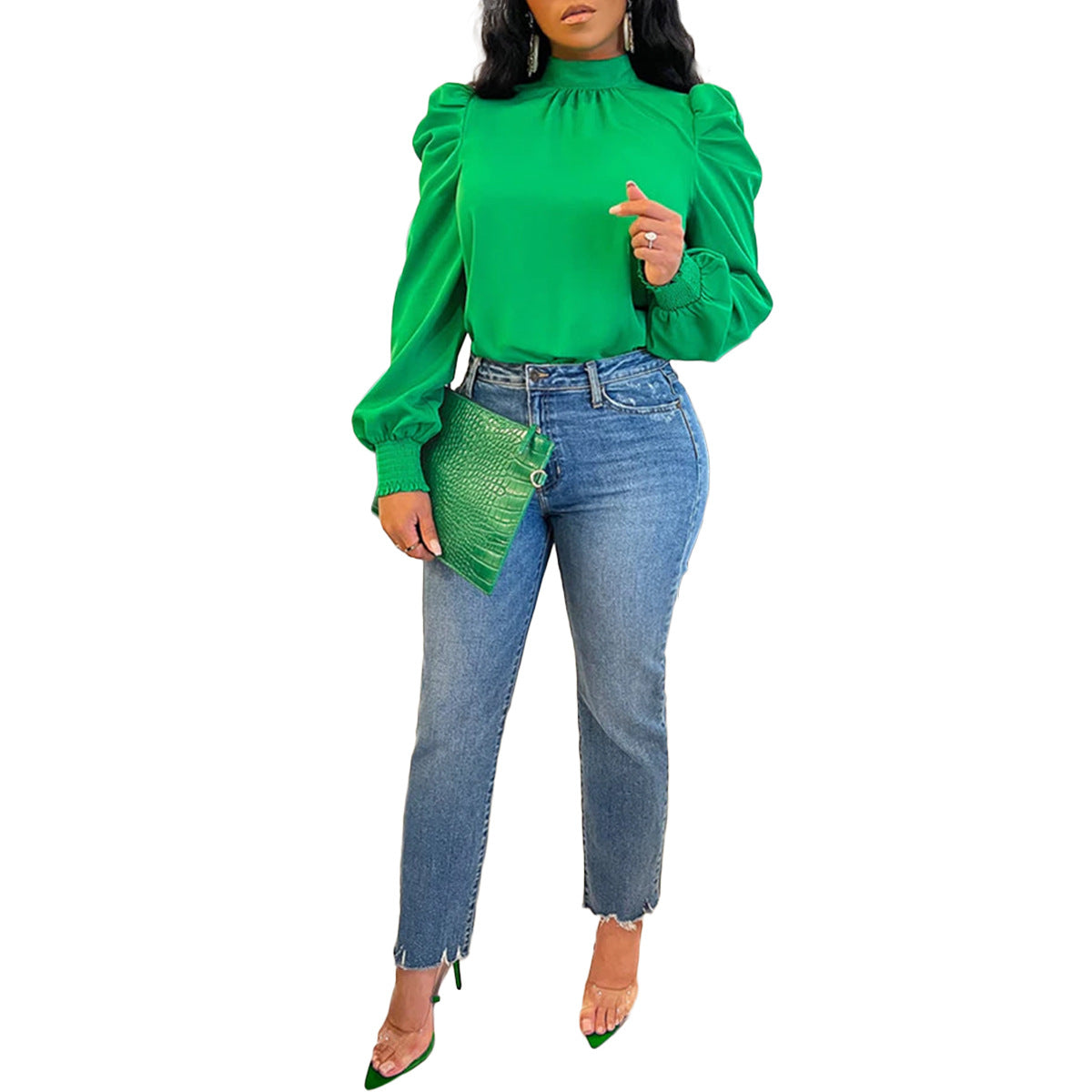 Women’s long sleeve puff sleeve top by Bella Mia with stand-up collar and back lace-up detail, in solid color for four-season wear.