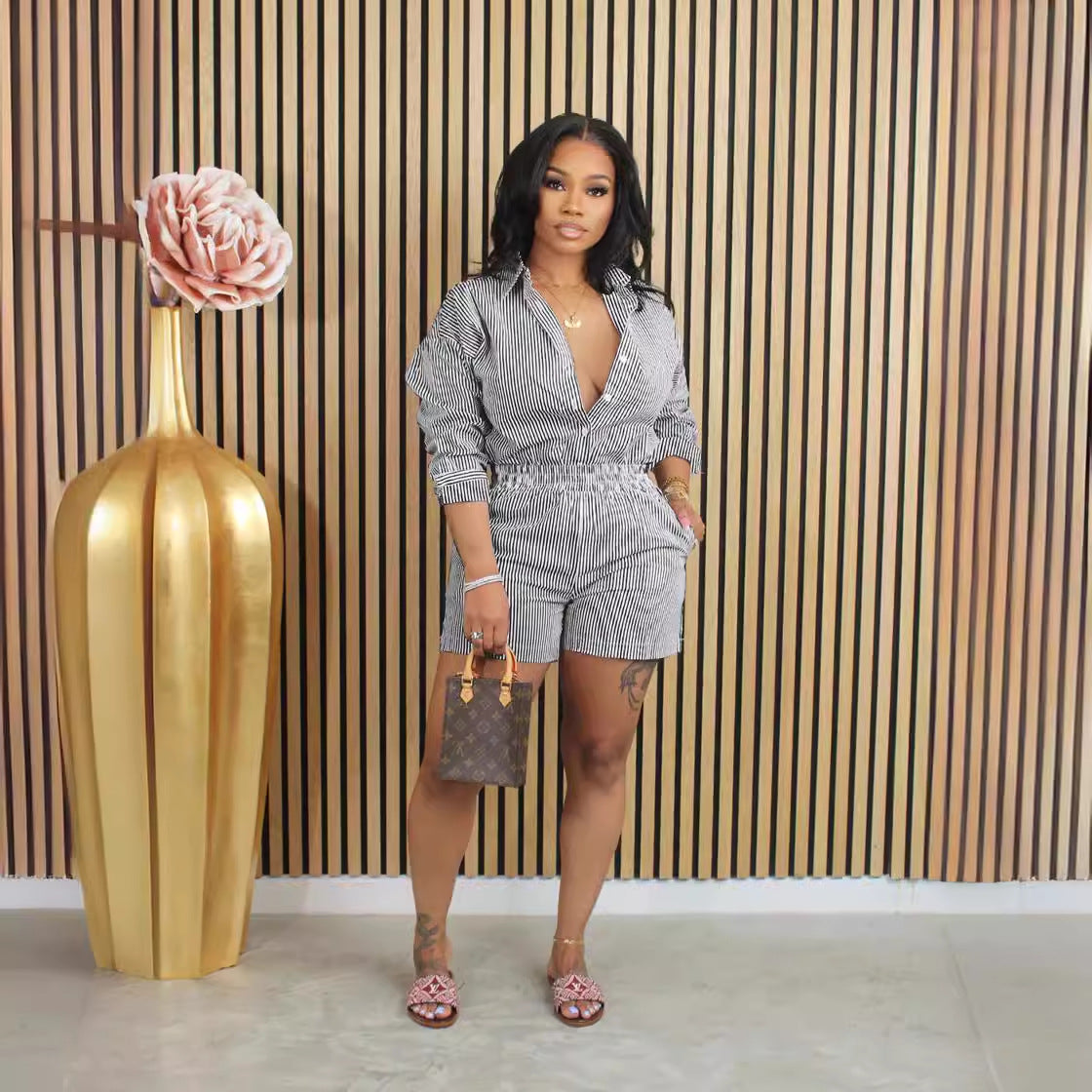 Women’s striped casual two-piece set with button collar, perfect for spring and summer, by Plush Fashion Hub.