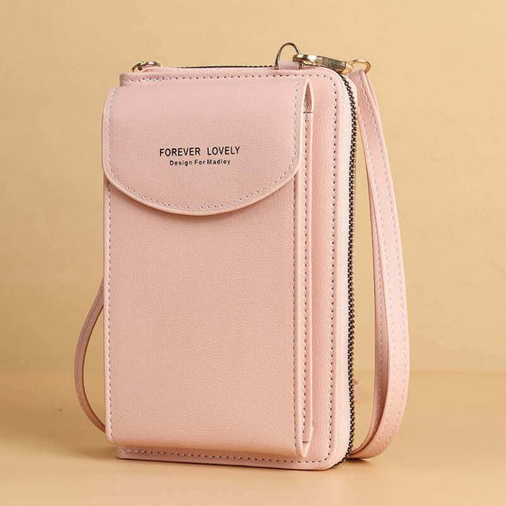 Women mobile phone crossbody large wallet shoulder bag in pink PU leather.