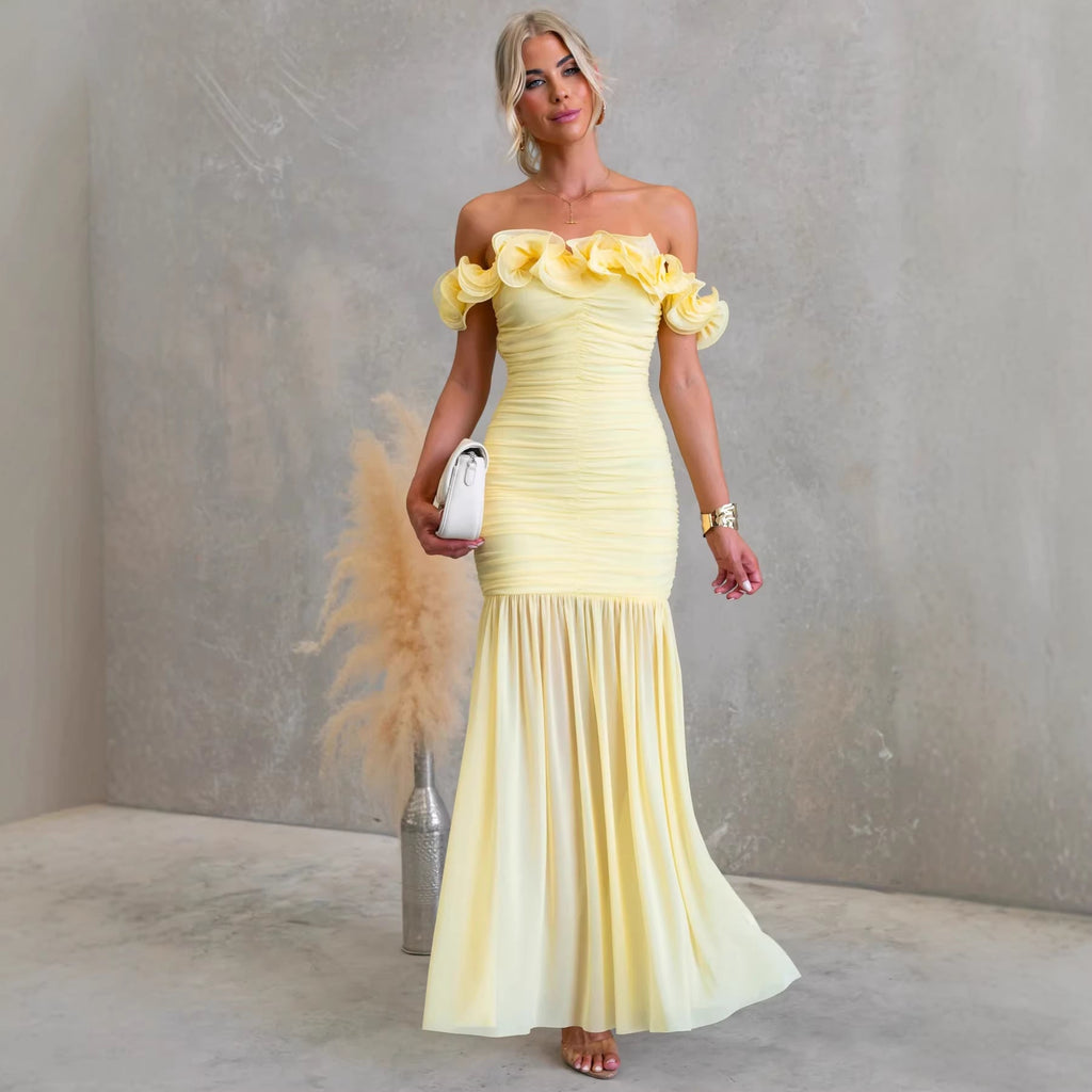 Solid color mesh off-shoulder dress by Plush Fashion Shop, slim fit summer vacation dress with sexy, stylish design.