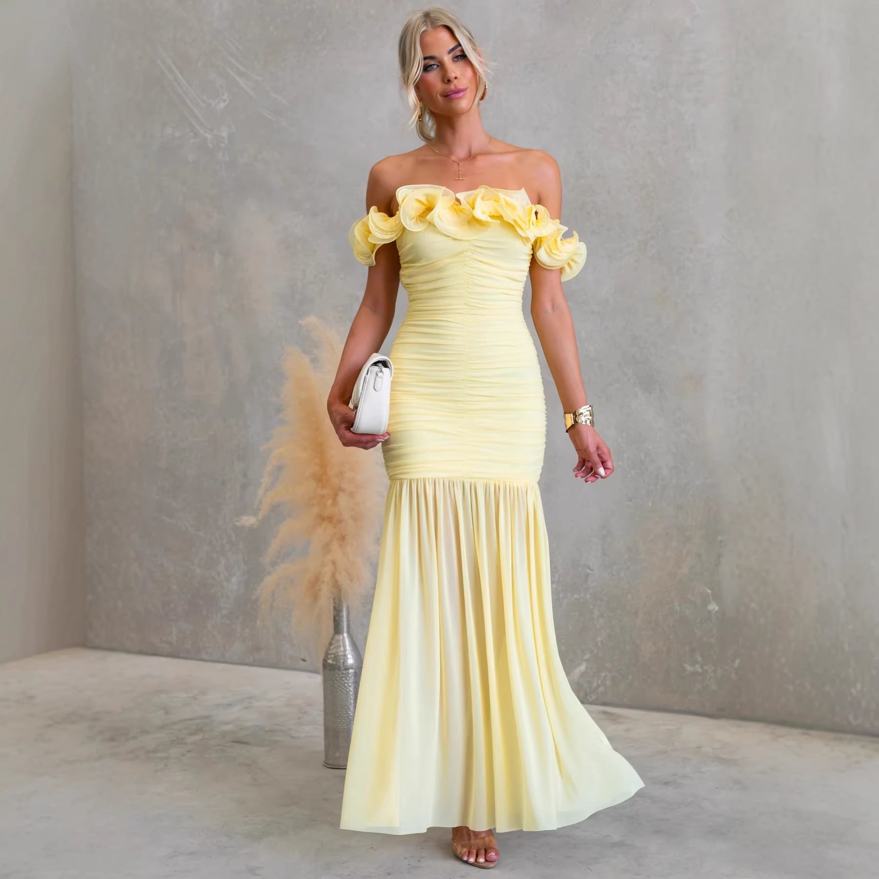 Solid color mesh off-shoulder dress by Plush Fashion Shop, slim fit summer vacation dress with sexy, stylish design.